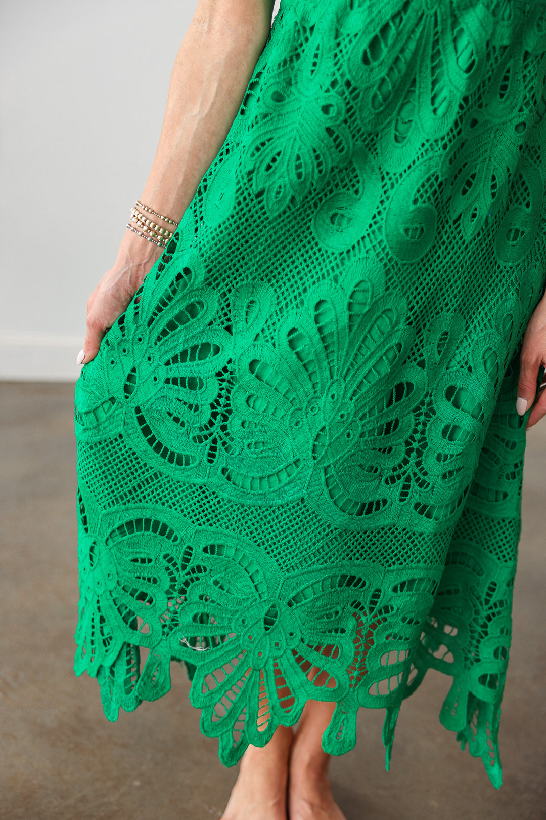 Lace Overlay Midi Dress - Green