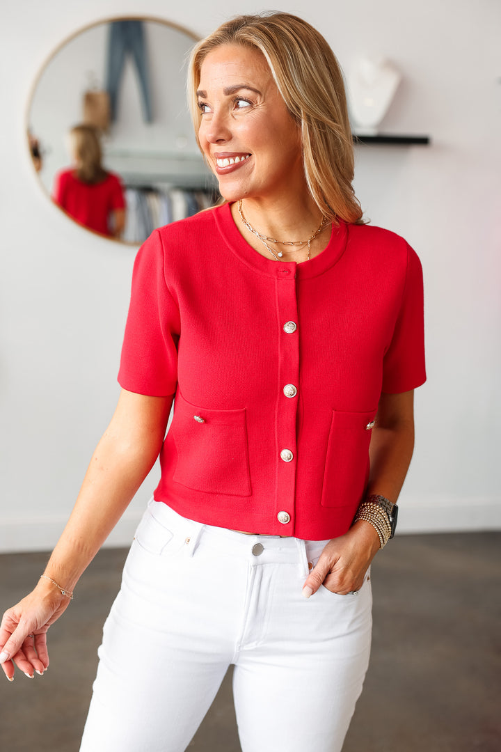 Button Front Knit Top - Red