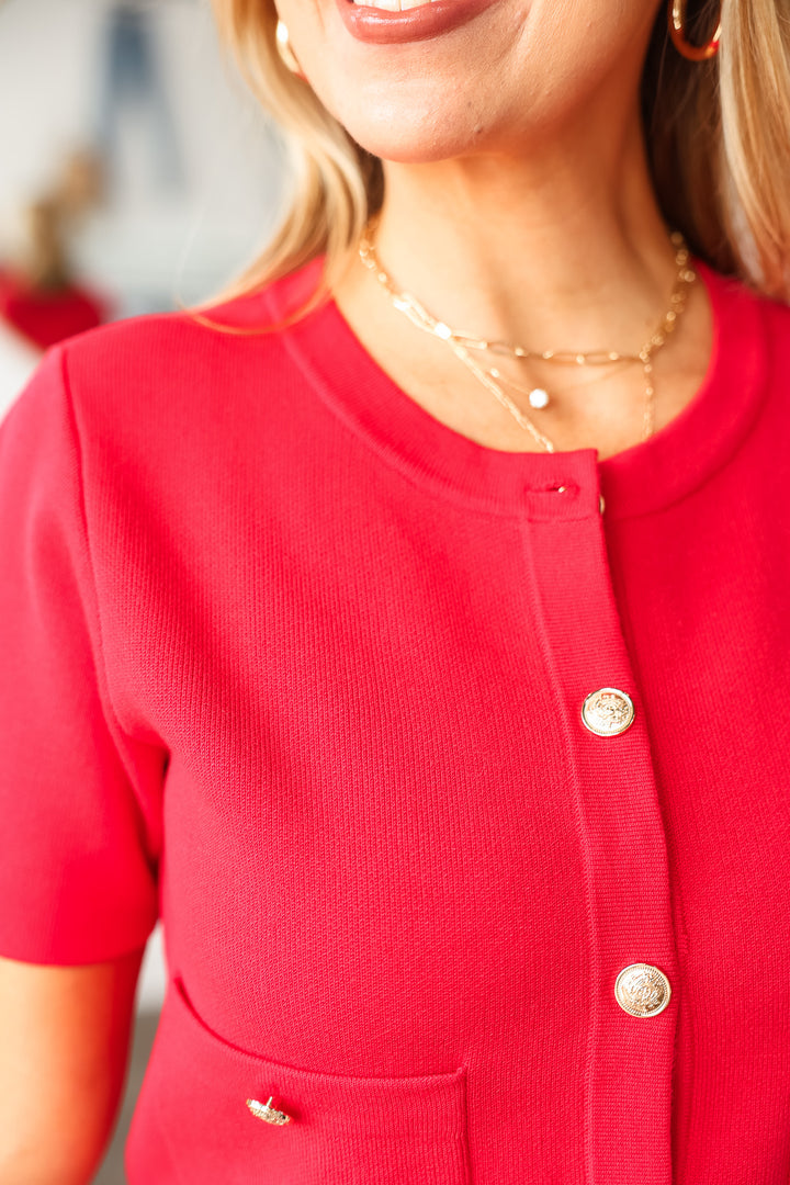 Button Front Knit Top - Red