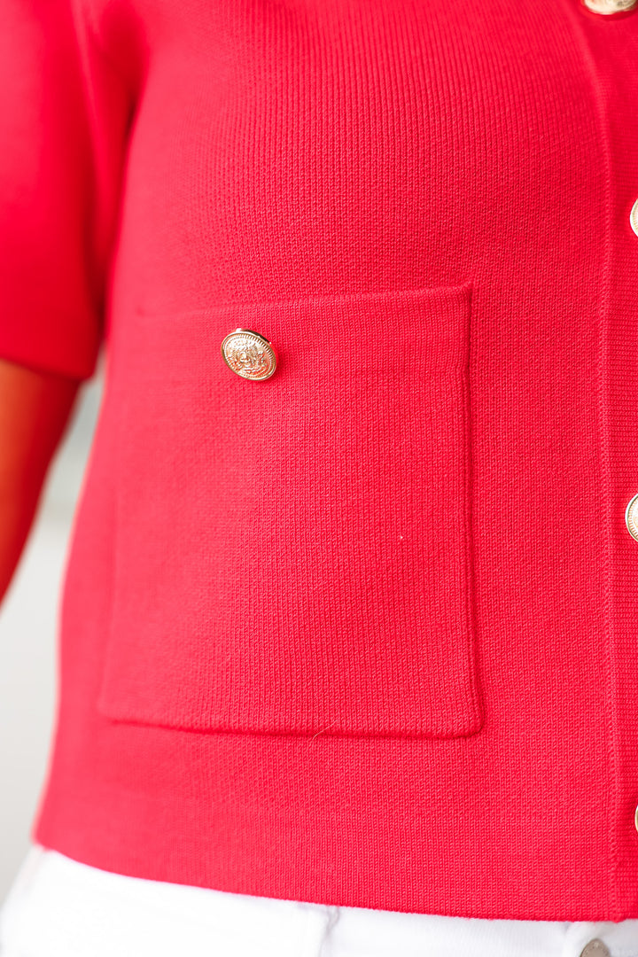 Button Front Knit Top - Red