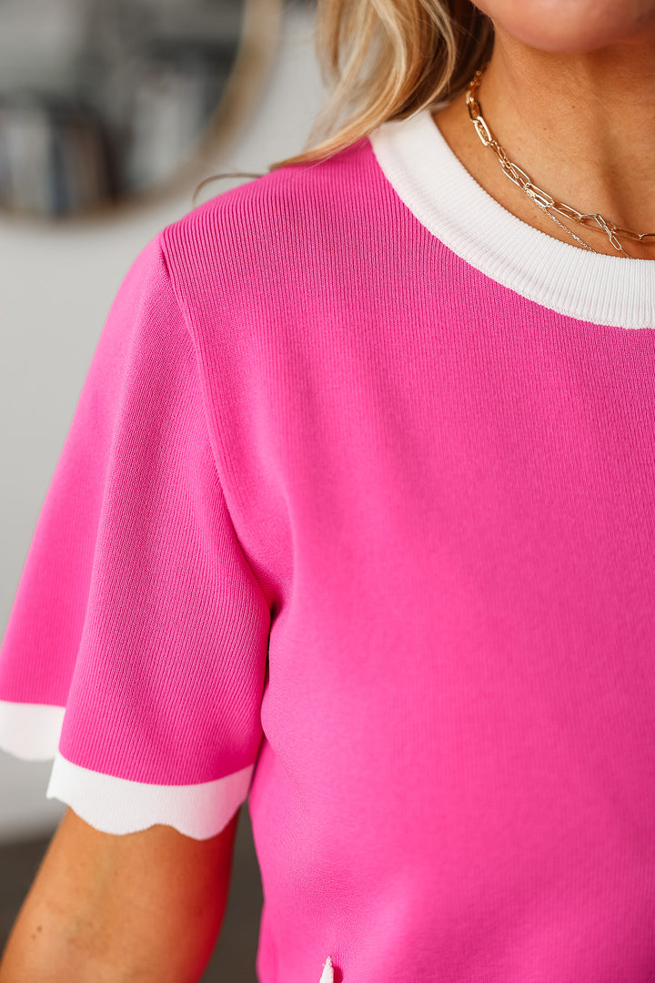 White Trim Knit Top - Pink