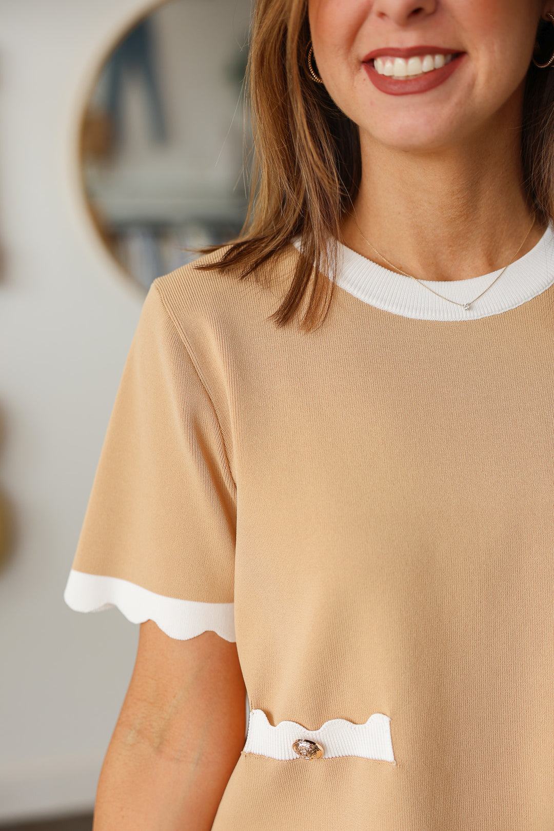 White Trim Knit Top - Beige