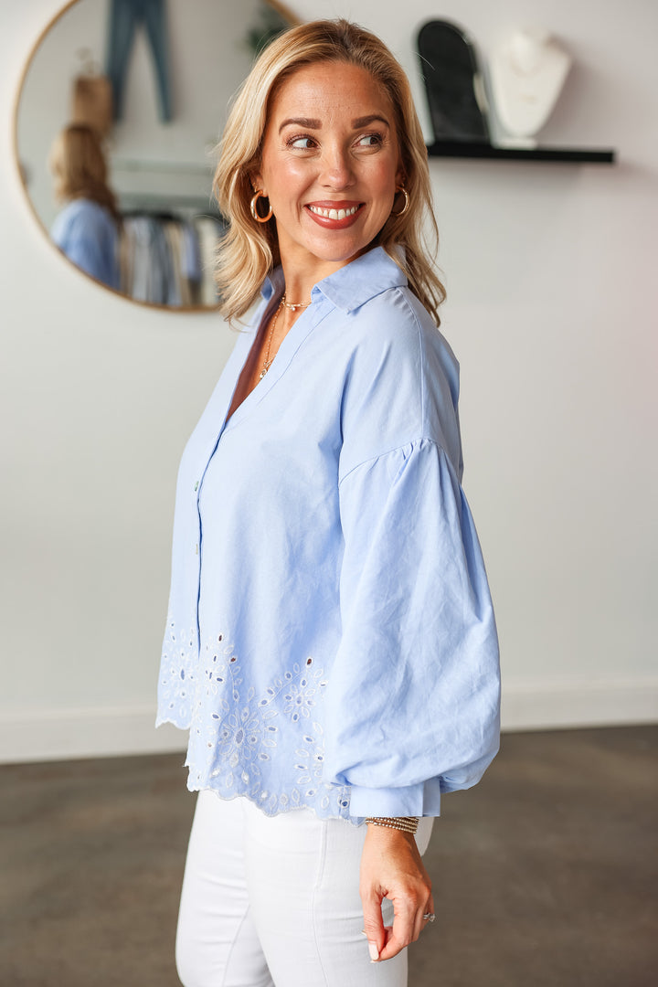 Eyelet Hem Bubble Sleeve Top - Blue