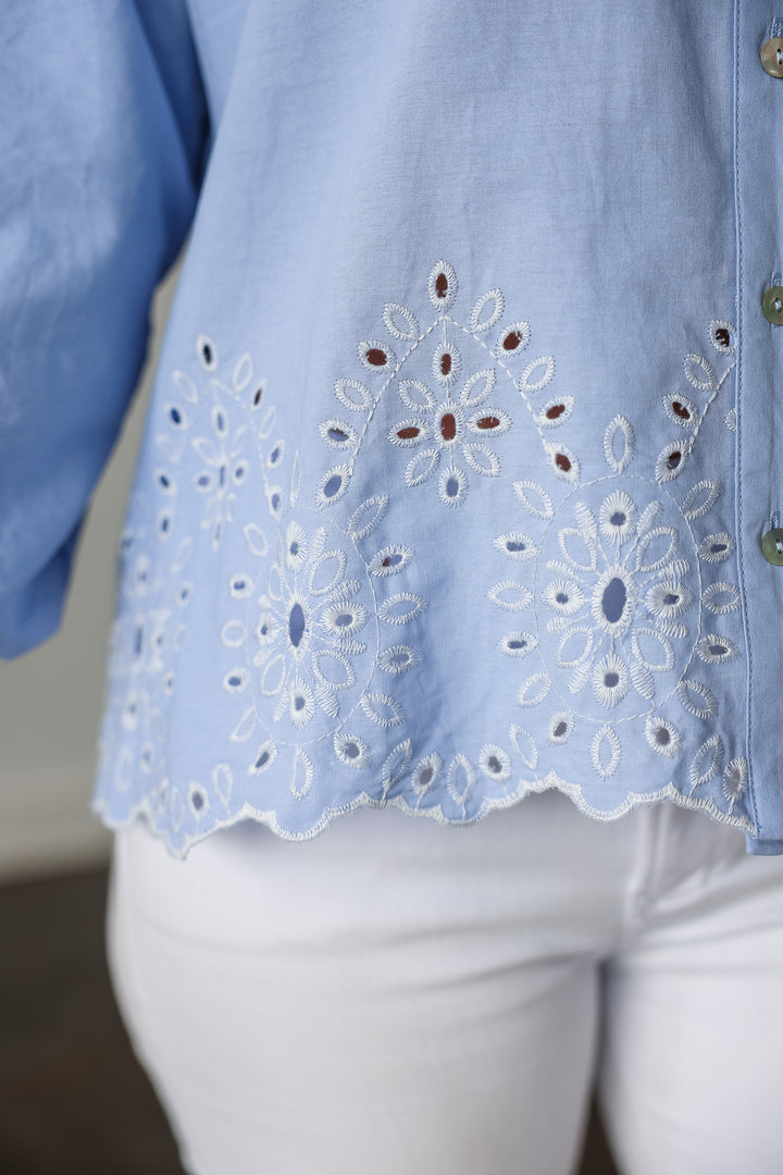 Eyelet Hem Bubble Sleeve Top - Blue