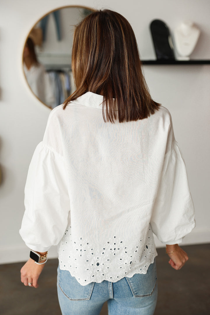 Eyelet Hem Bubble Sleeve Top - White