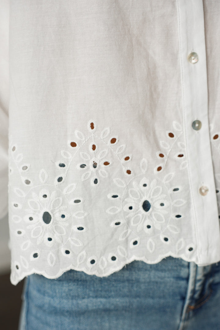 Eyelet Hem Bubble Sleeve Top - White