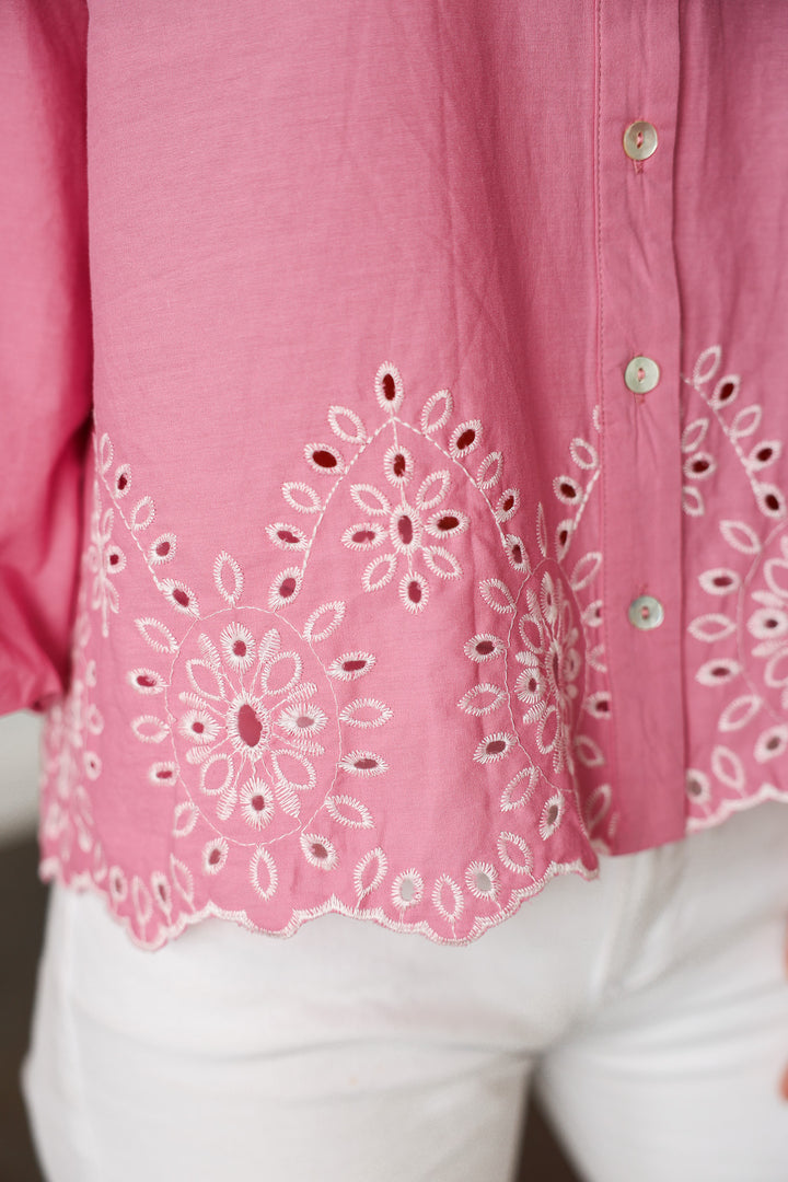 Eyelet Hem Bubble Sleeve Top - Pink