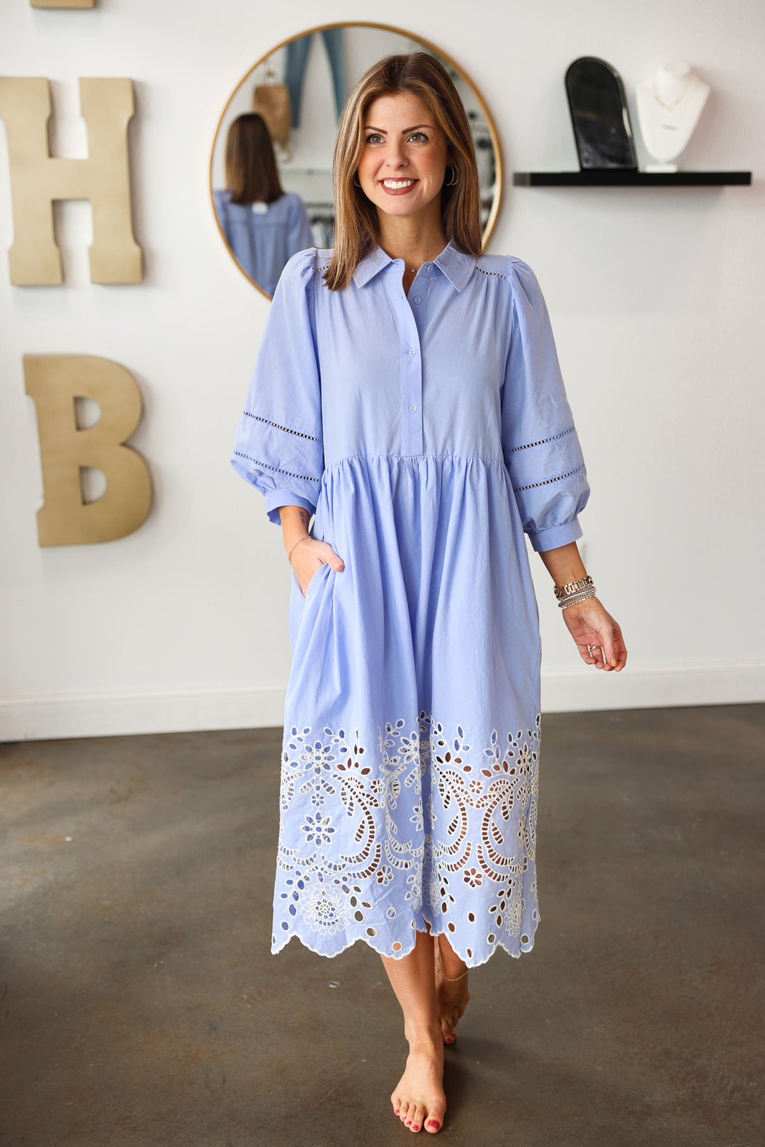 Eyelet Trim Midi Dress - Light Blue