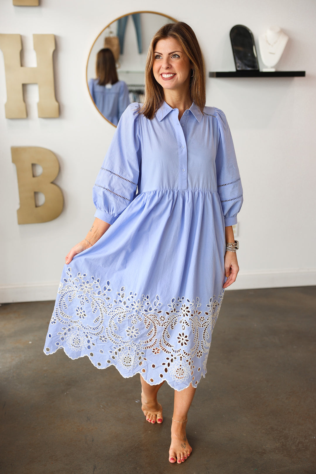 Eyelet Trim Midi Dress - Light Blue