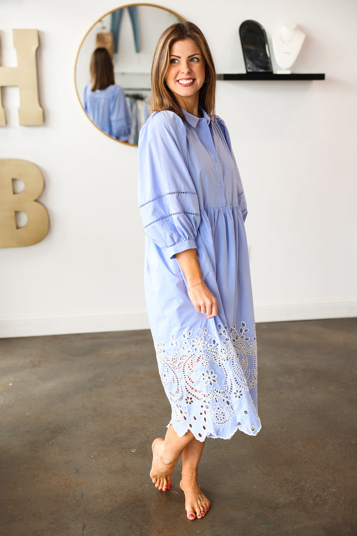 Eyelet Trim Midi Dress - Light Blue