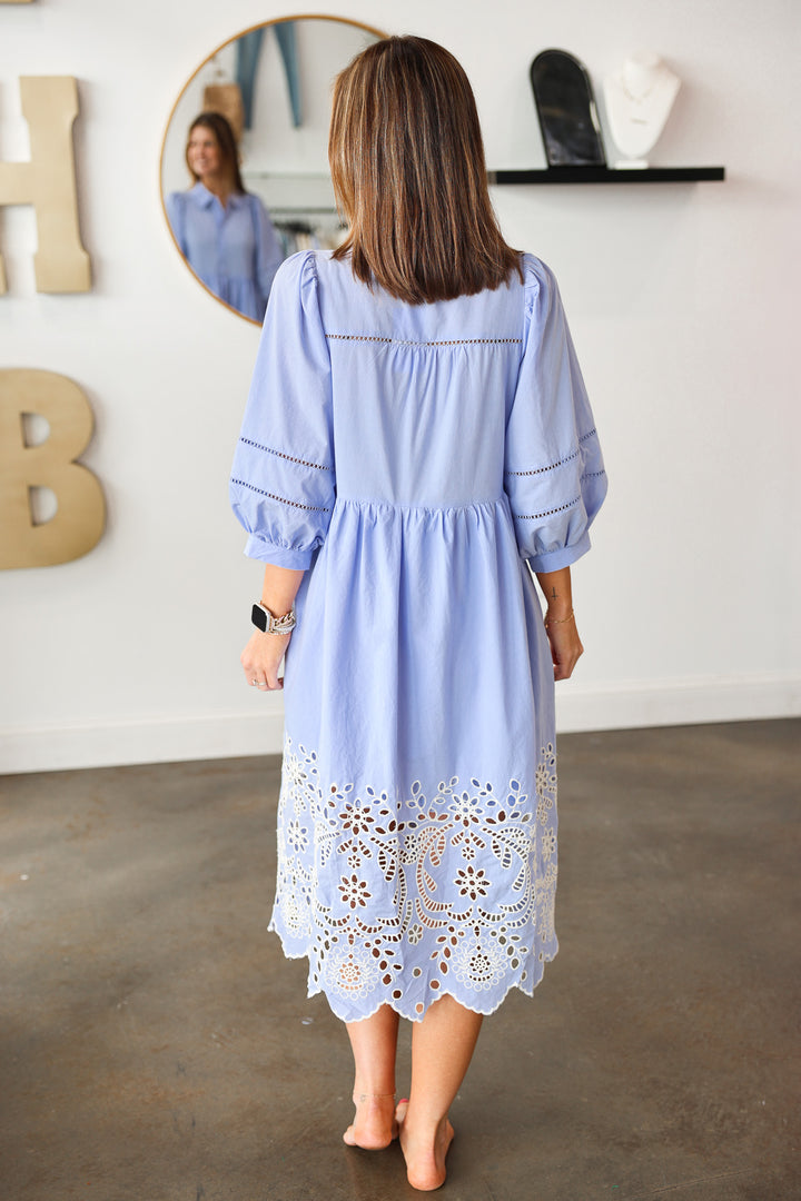 Eyelet Trim Midi Dress - Light Blue