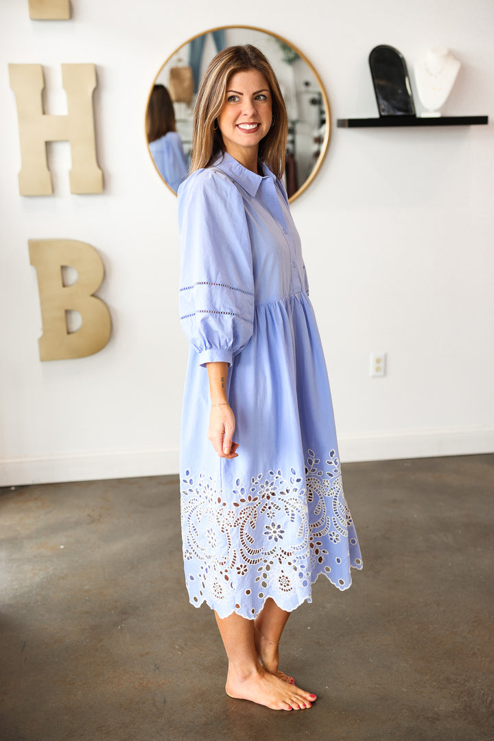 Eyelet Trim Midi Dress - Light Blue