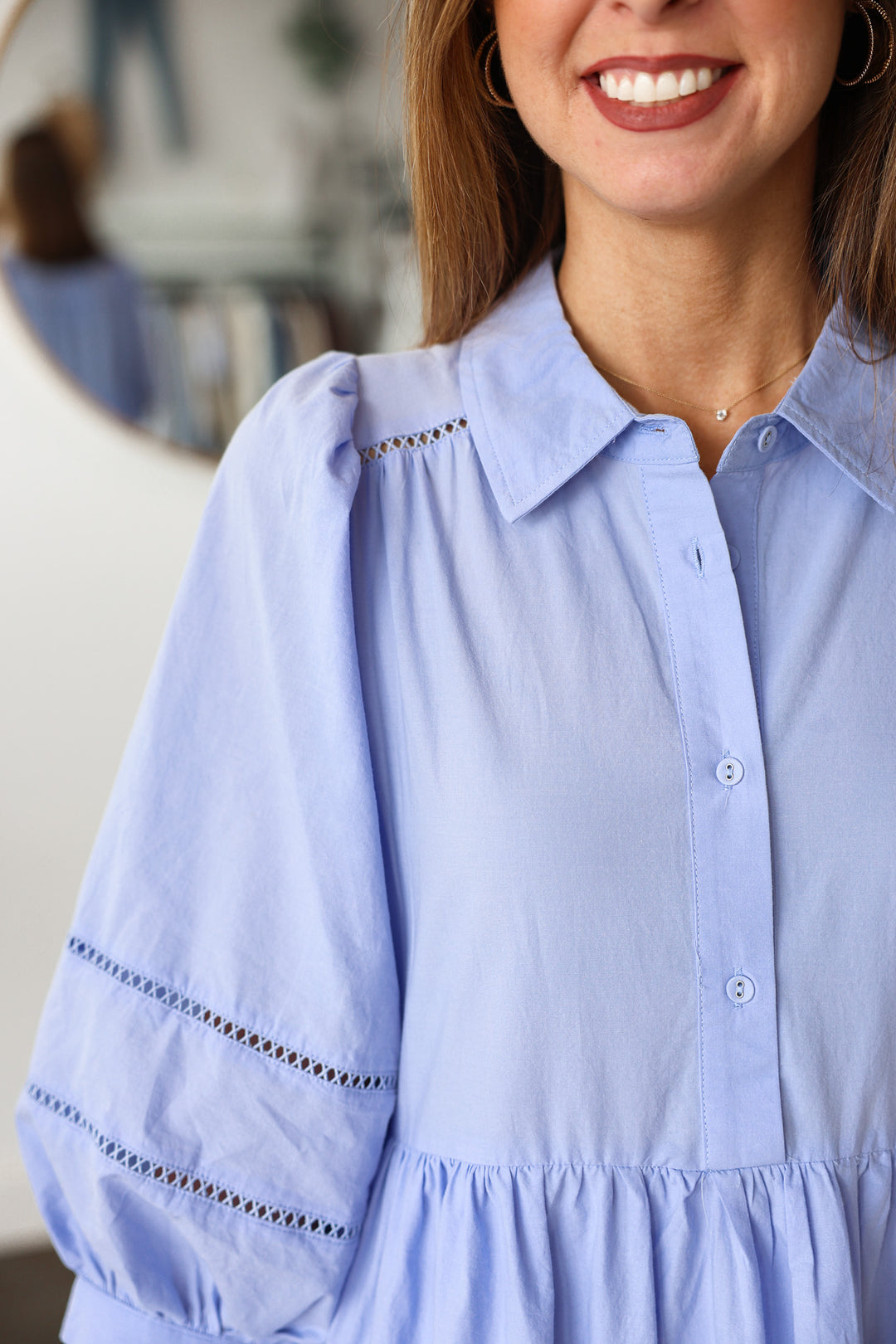 Eyelet Trim Midi Dress - Light Blue