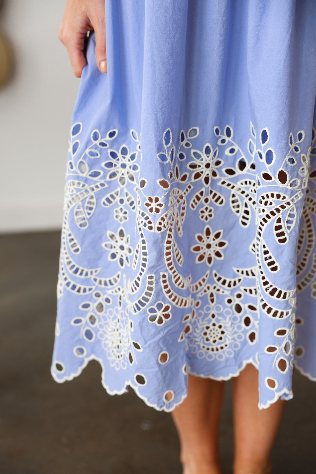 Eyelet Trim Midi Dress - Light Blue