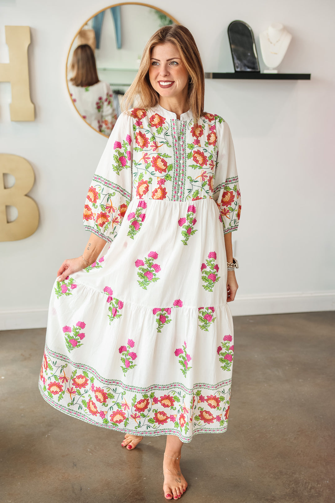 Floral Tiered Cotton Midi Dress - White