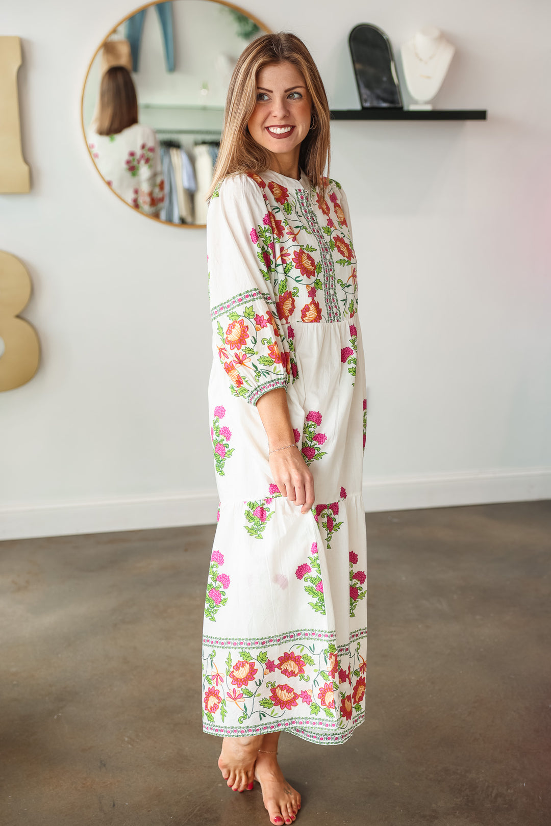 Floral Tiered Cotton Midi Dress - White