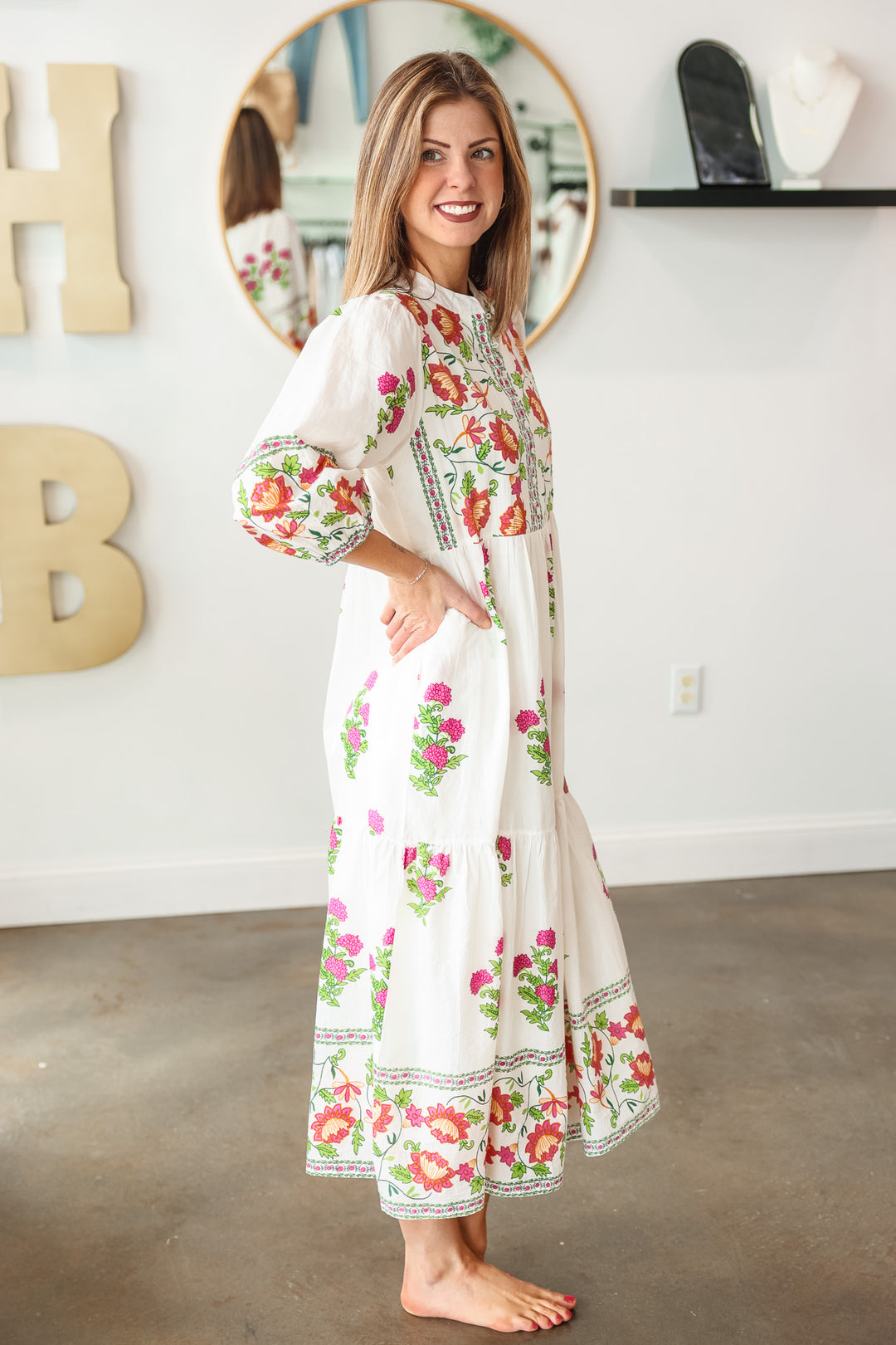 Floral Tiered Cotton Midi Dress - White