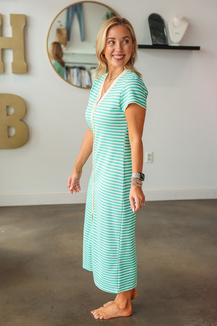 Striped Button Up Midi Dress - Jade/Cream