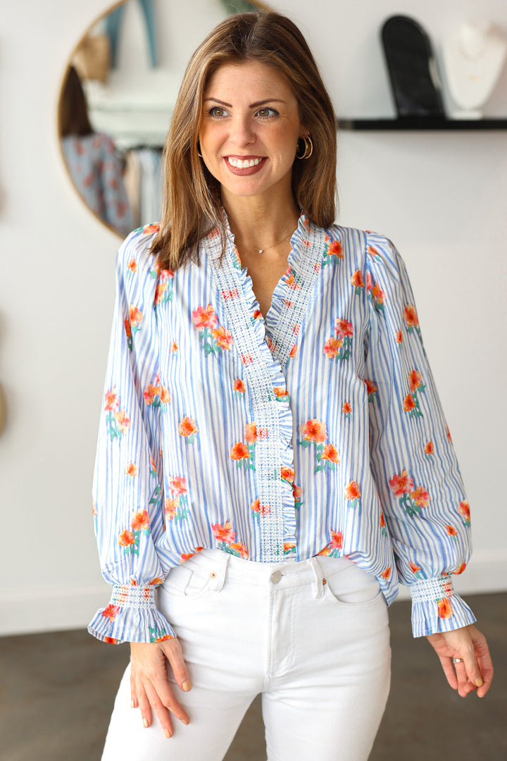 Striped Floral Top - Blue