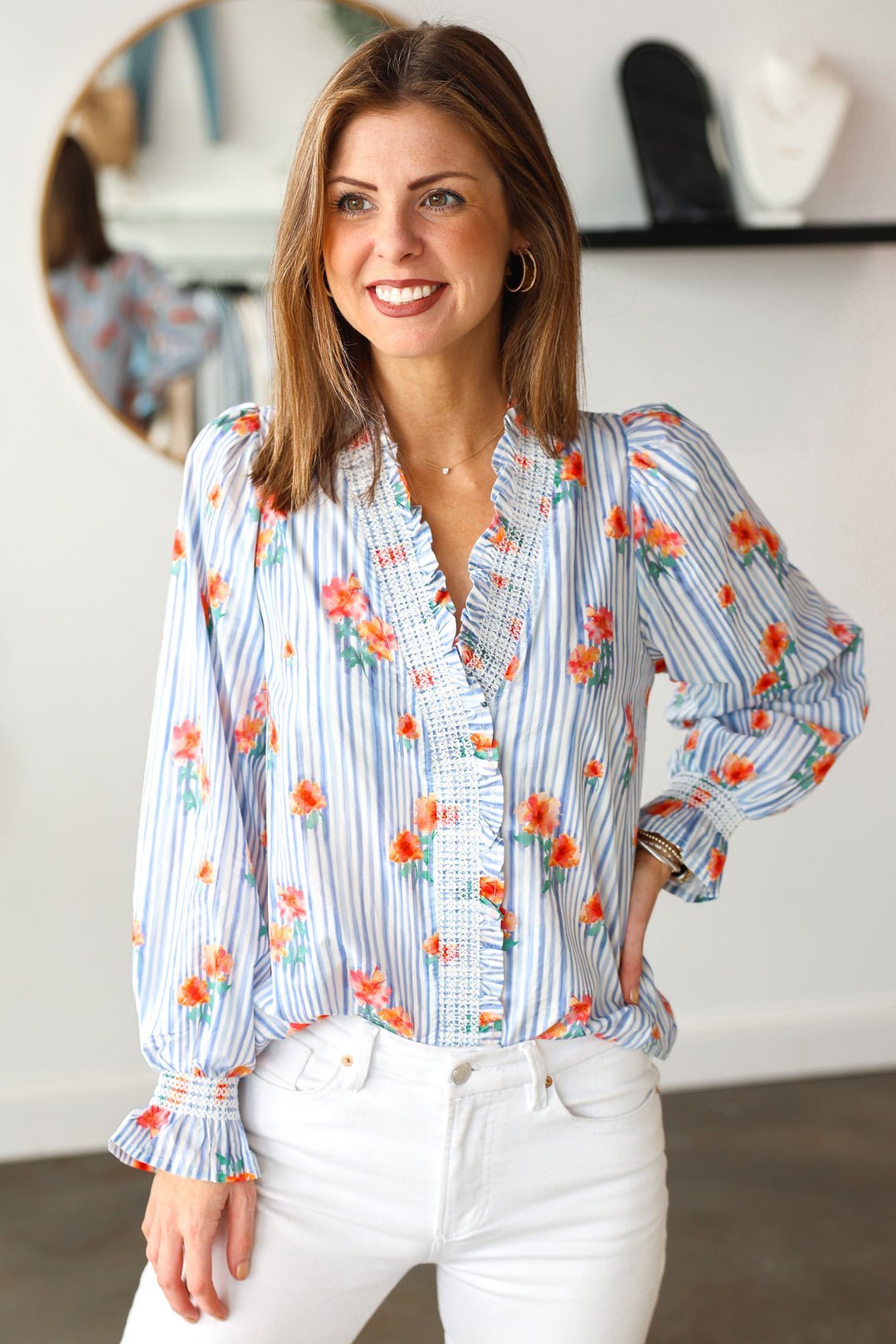 Striped Floral Top - Blue