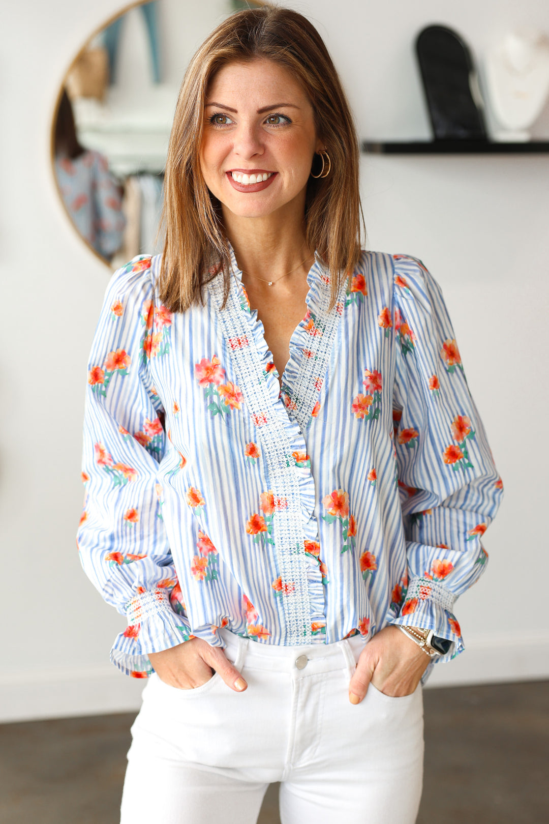 Striped Floral Top - Blue