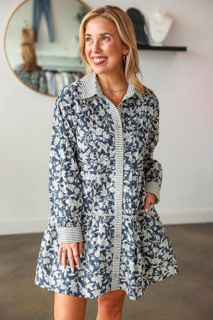 Stripe + Floral Drop Waist Dress - Navy