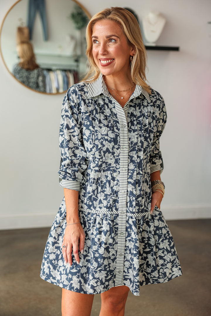 Stripe + Floral Drop Waist Dress - Navy