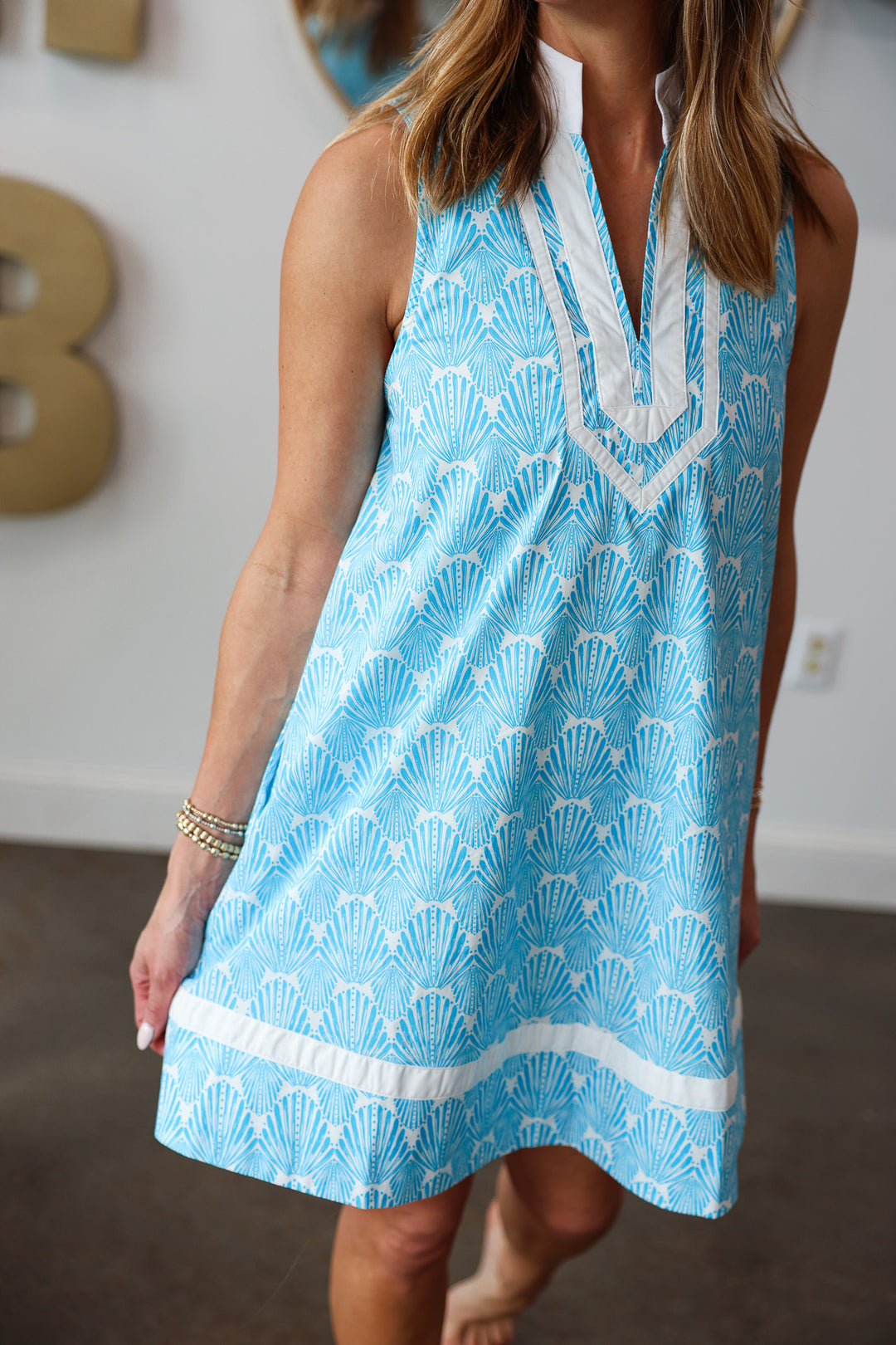 Contrast Trim Printed Dress - Aqua