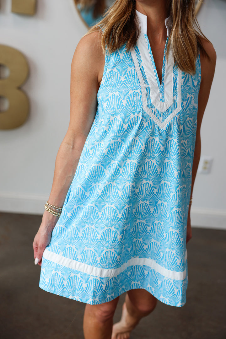 Contrast Trim Printed Dress - Aqua