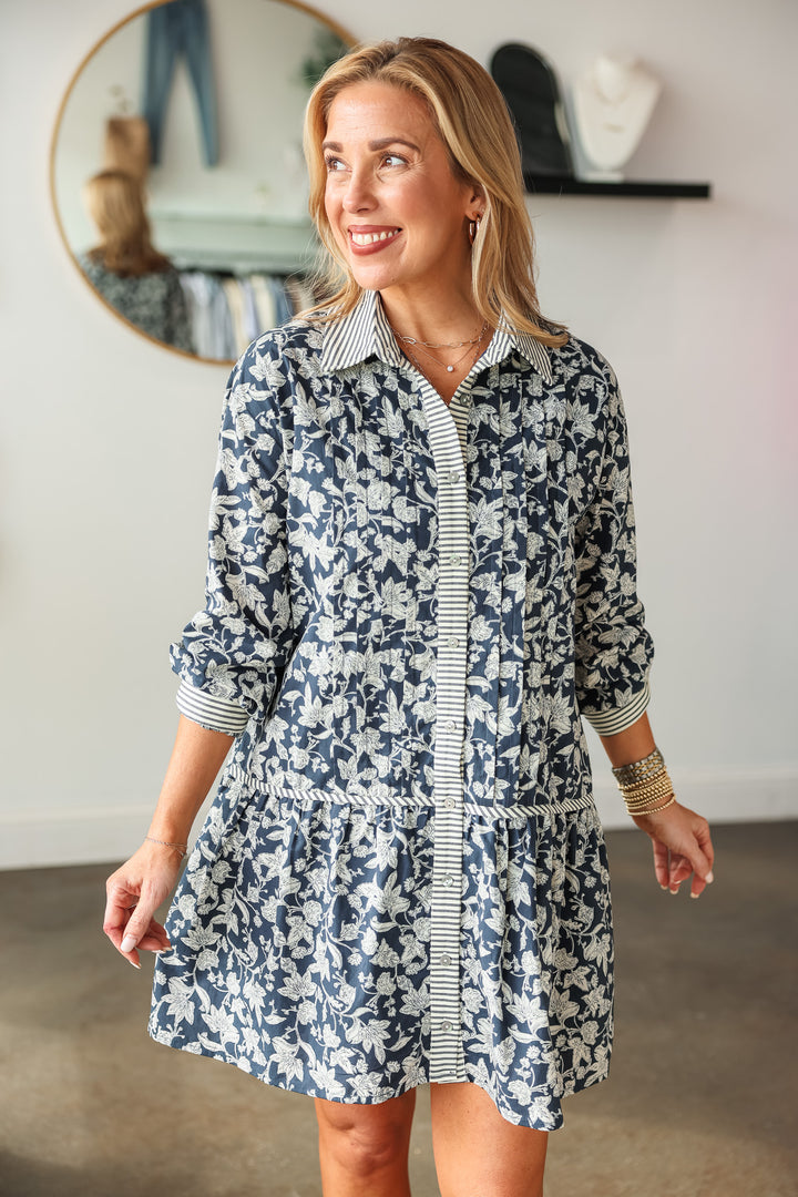 Stripe + Floral Drop Waist Dress - Navy