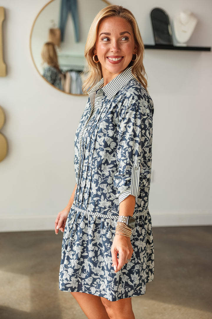 Stripe + Floral Drop Waist Dress - Navy