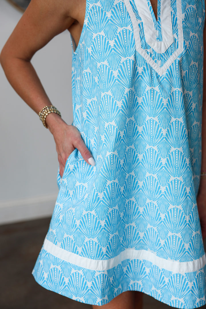 Contrast Trim Printed Dress - Aqua