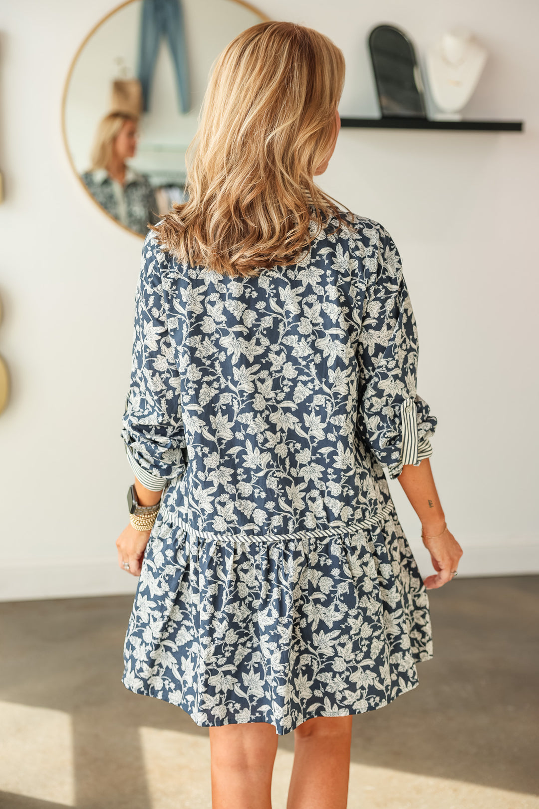 Stripe + Floral Drop Waist Dress - Navy