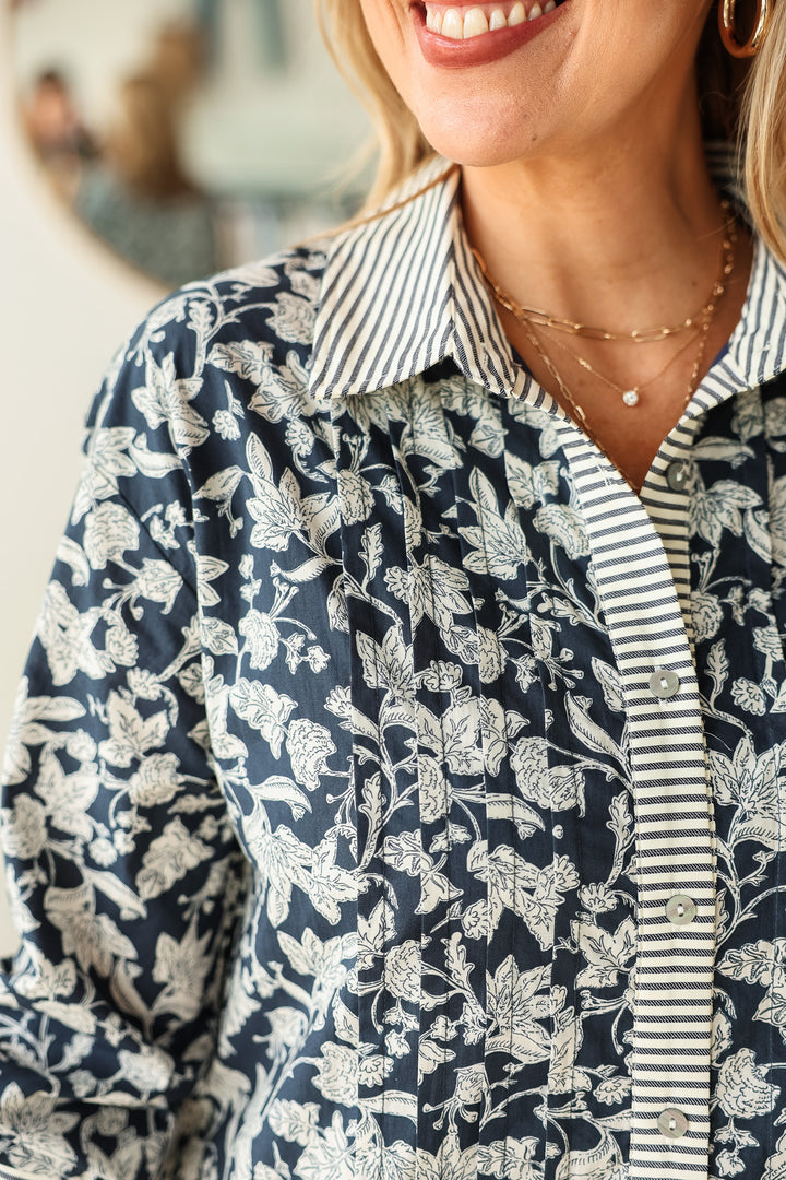 Stripe + Floral Drop Waist Dress - Navy