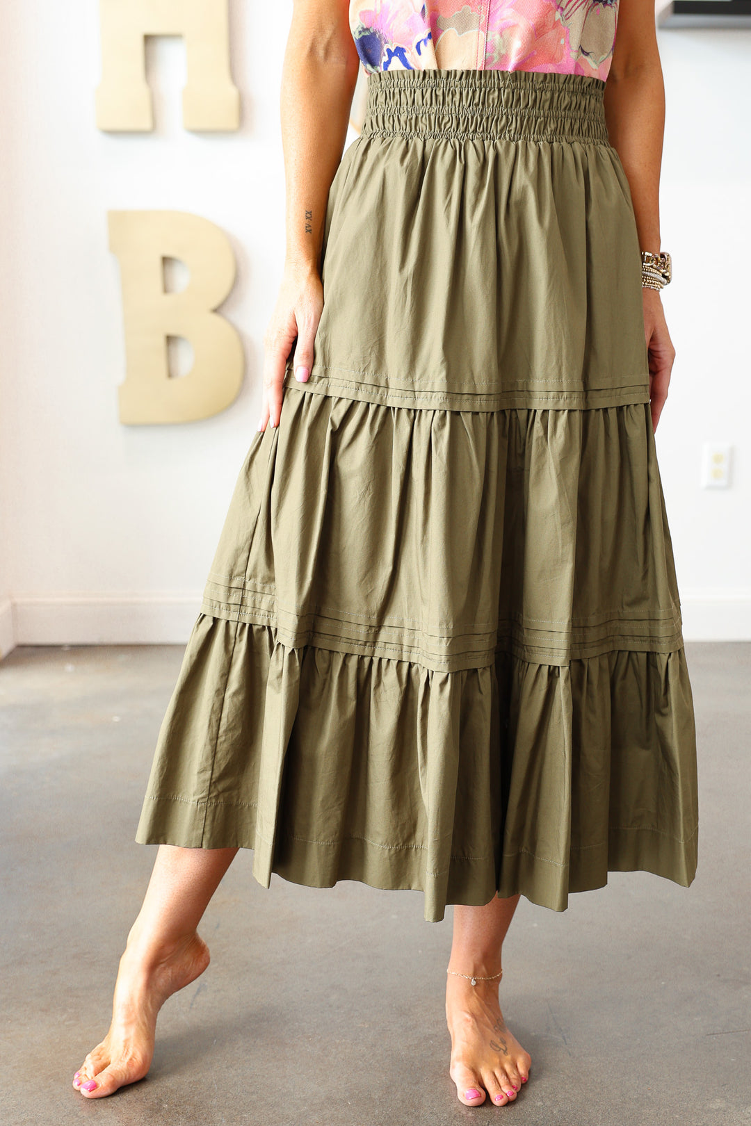 Tiered Midi Skirt - Olive