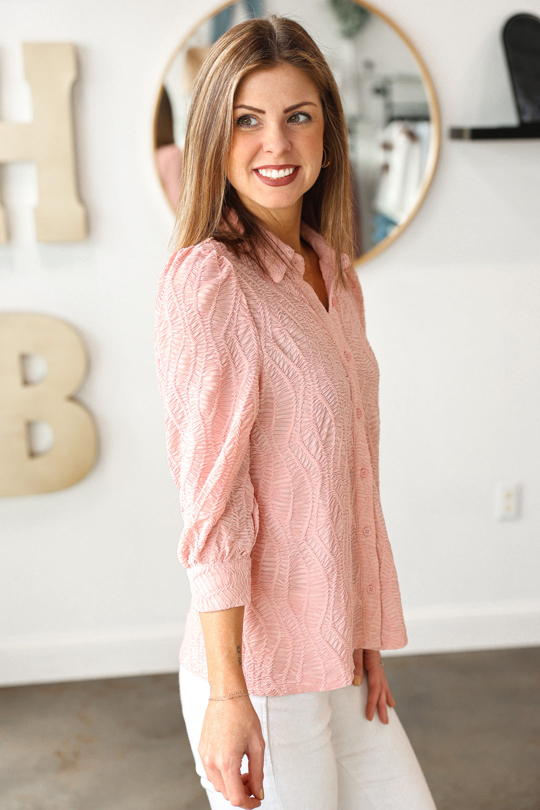 Textured Button Down Top - Pink