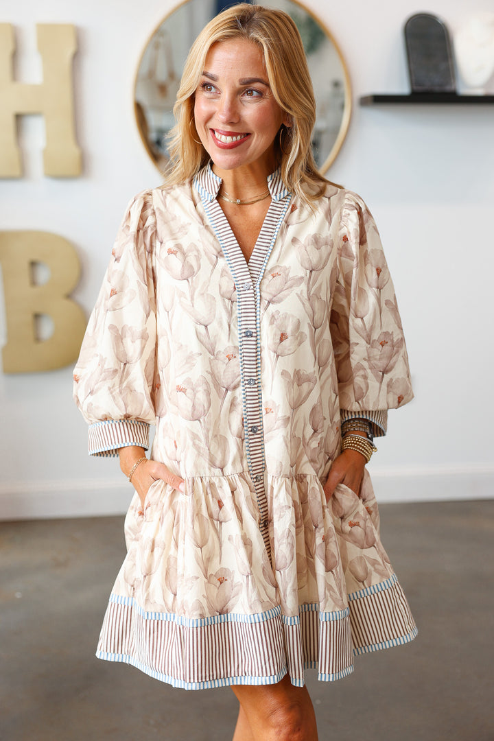 Stripe Trim Dress - Ecru