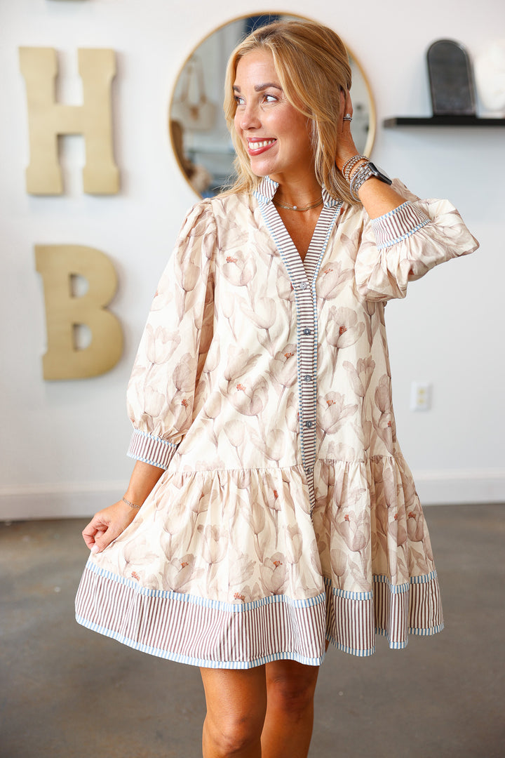 Stripe Trim Dress - Ecru