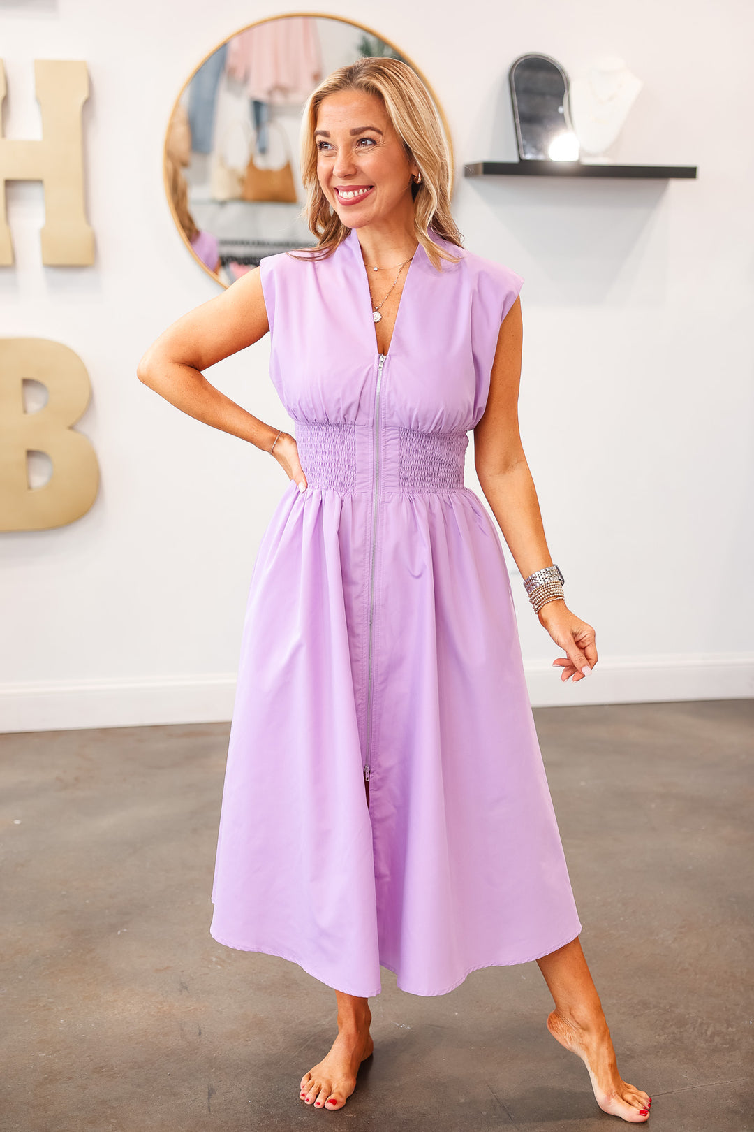 Smocked Waist Midi Dress - Lavender