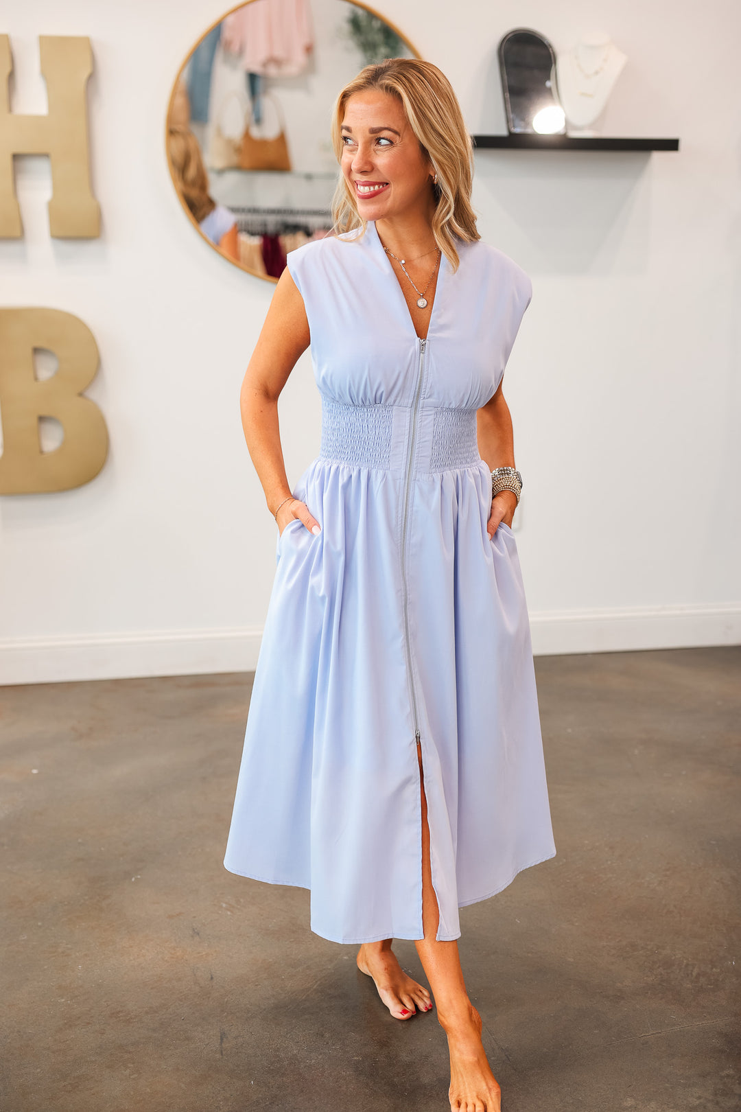 Smocked Waist Midi Dress - Baby Blue