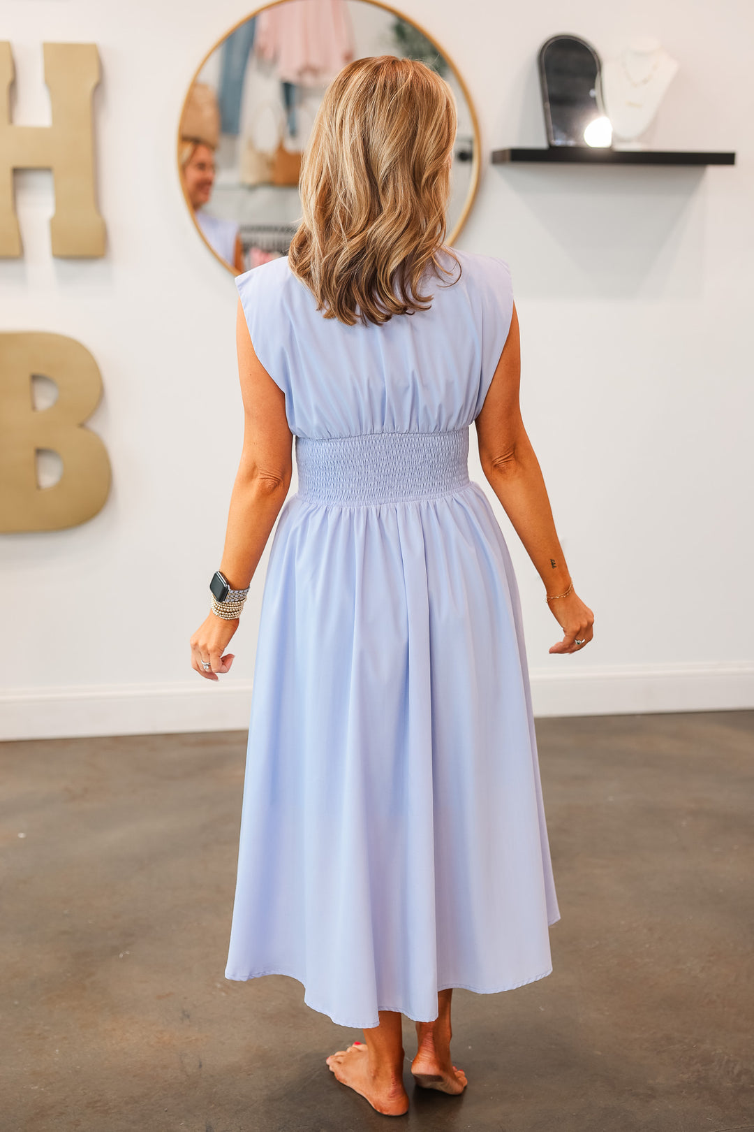 Smocked Waist Midi Dress - Baby Blue