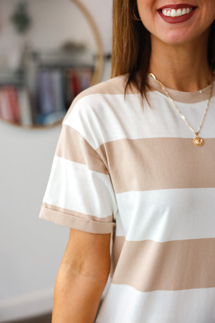 Striped T Shirt Midi Dress - Taupe/White