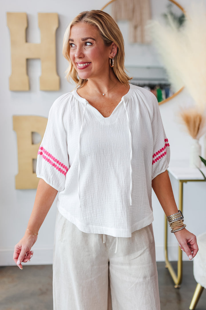 Embroidered Sleeve Top - White/Pink
