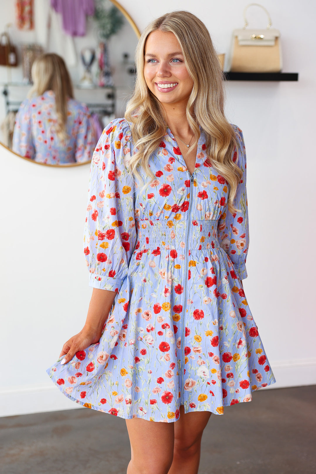 Smocked Waist Floral Dress - Blue