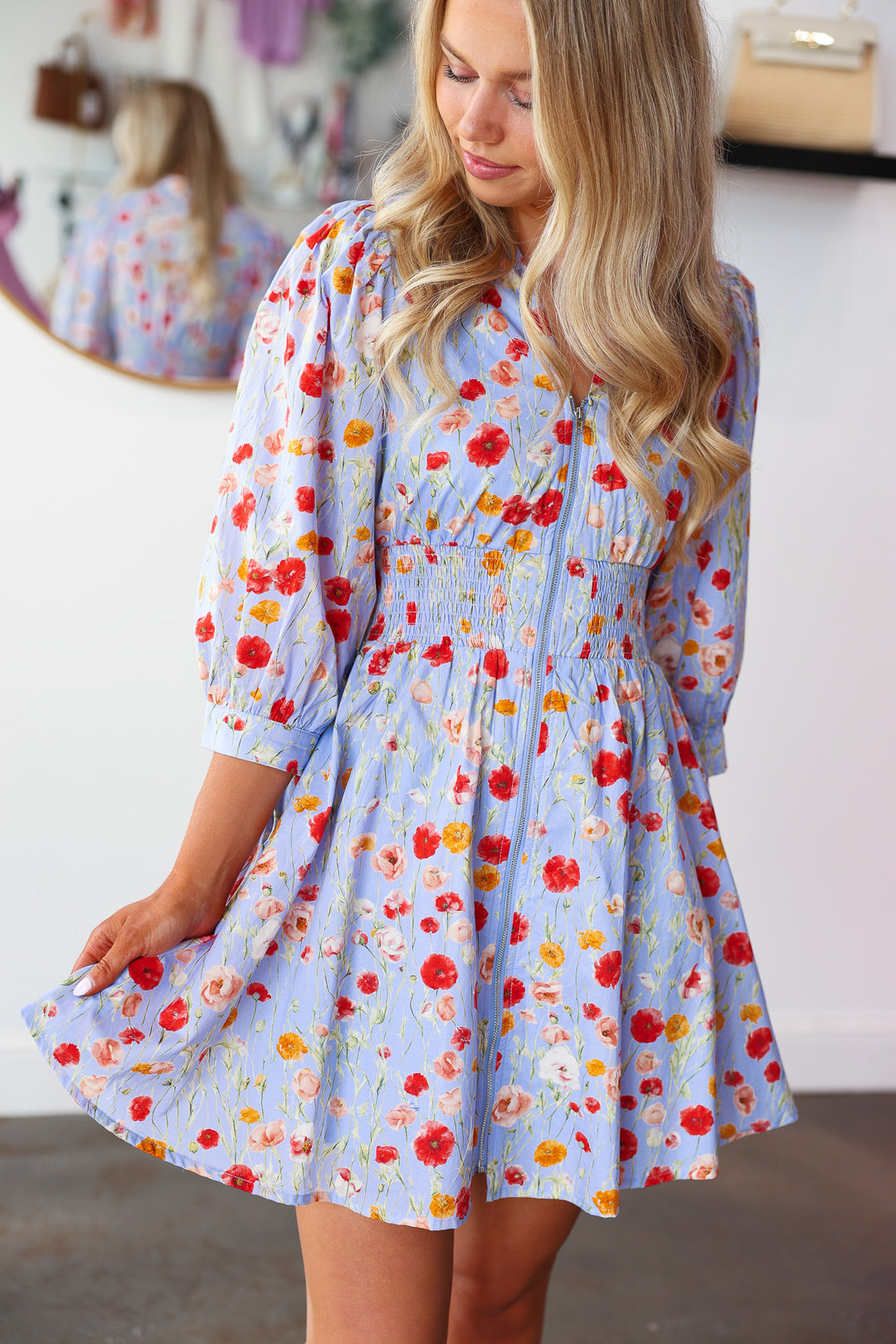 Smocked Waist Floral Dress - Blue