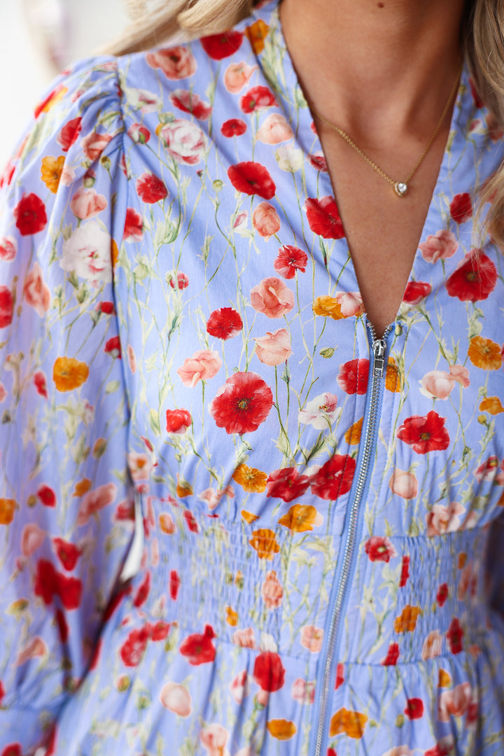 Smocked Waist Floral Dress - Blue
