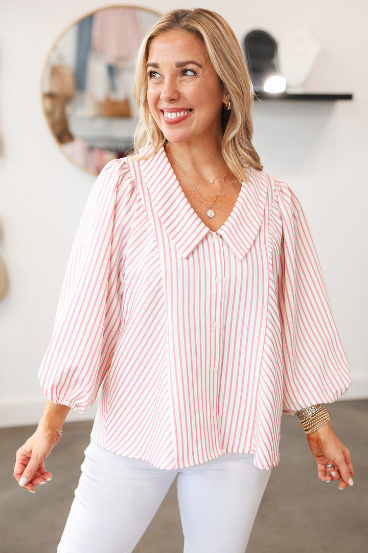 Collar Button Down Striped Top - Pink