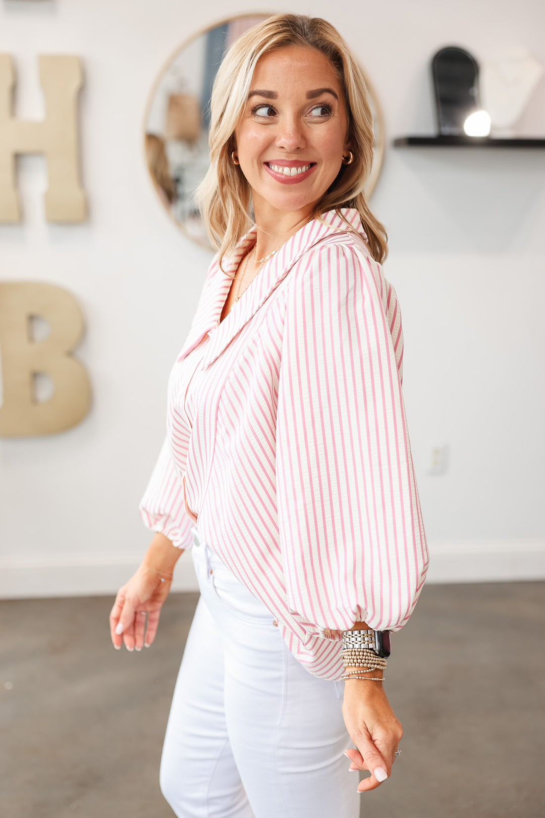 Collar Button Down Striped Top - Pink