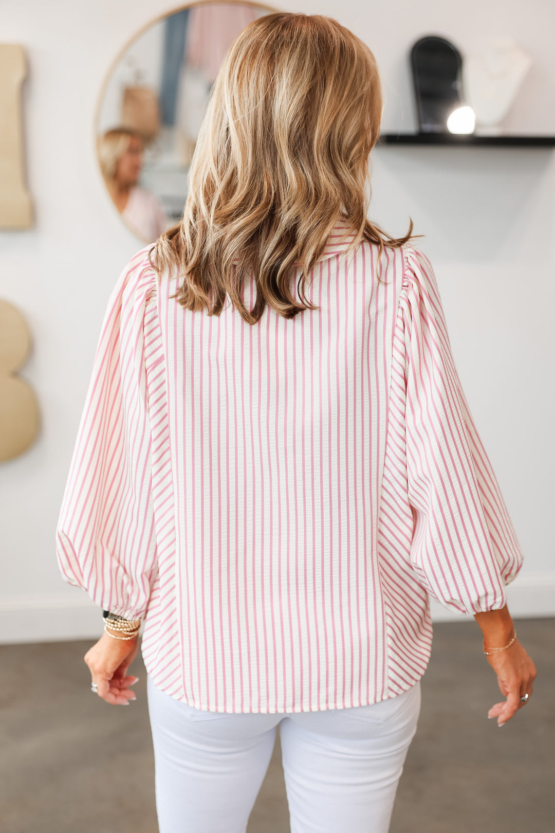 Collar Button Down Striped Top - Pink