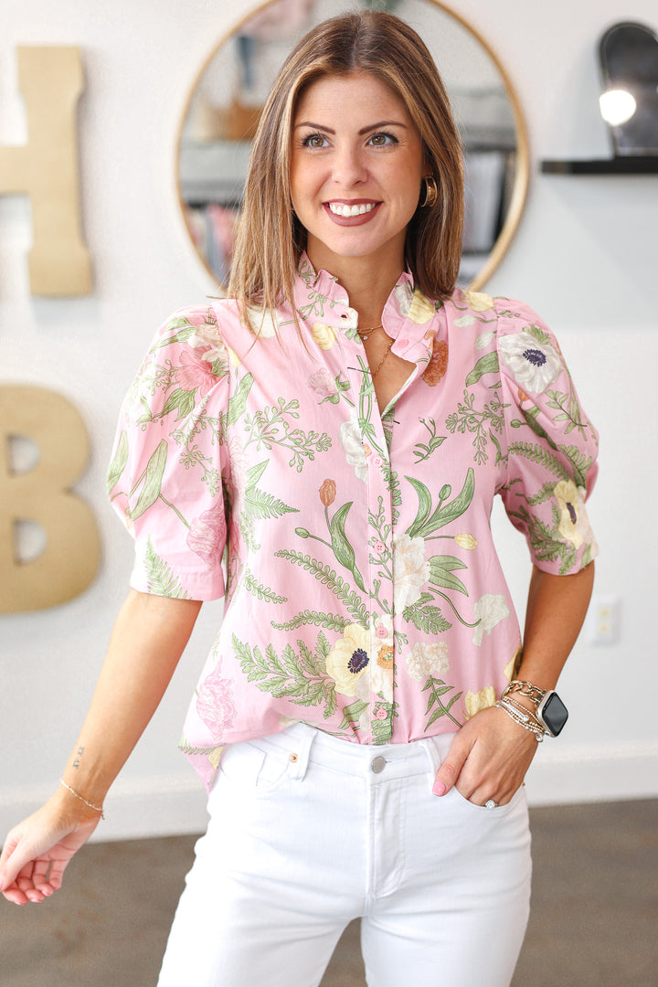 Ruffle Collar Floral Top - Pink - RESTOCK IN APRIL!